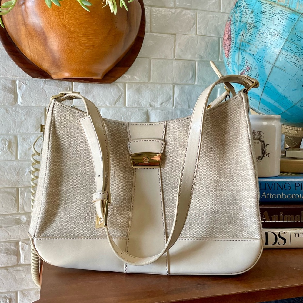 Vintage Etienne Aigner Classic Woven Linen and Beige Leather Shoulder Bag Purse